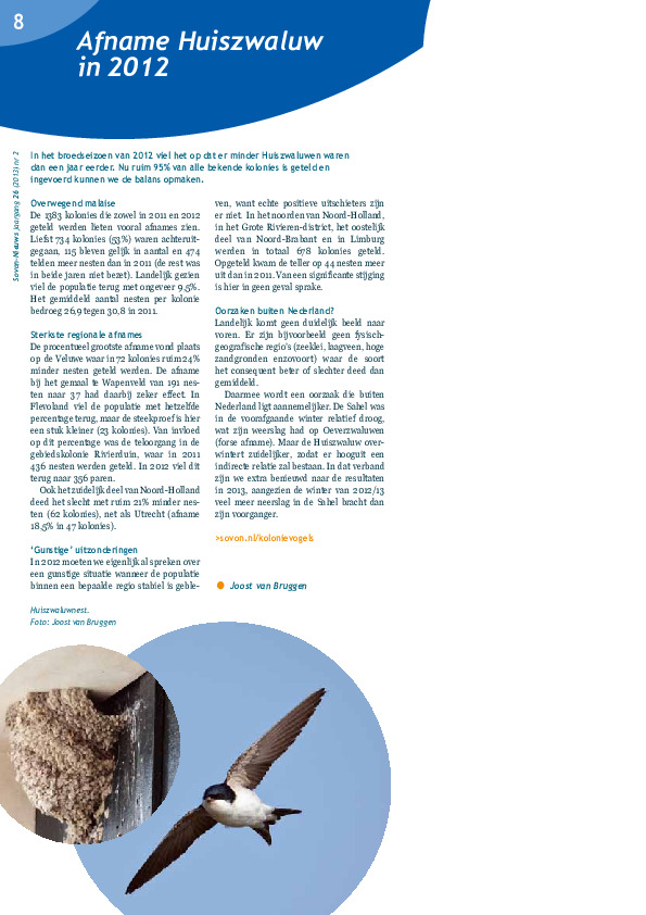 Omslag Afname Huiszwaluw in 2012