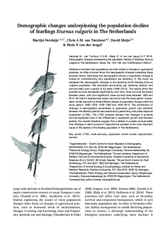 Omslag Demographic changes underpinning the population decline of Starlings Sturnus vulgaris in The Netherlands