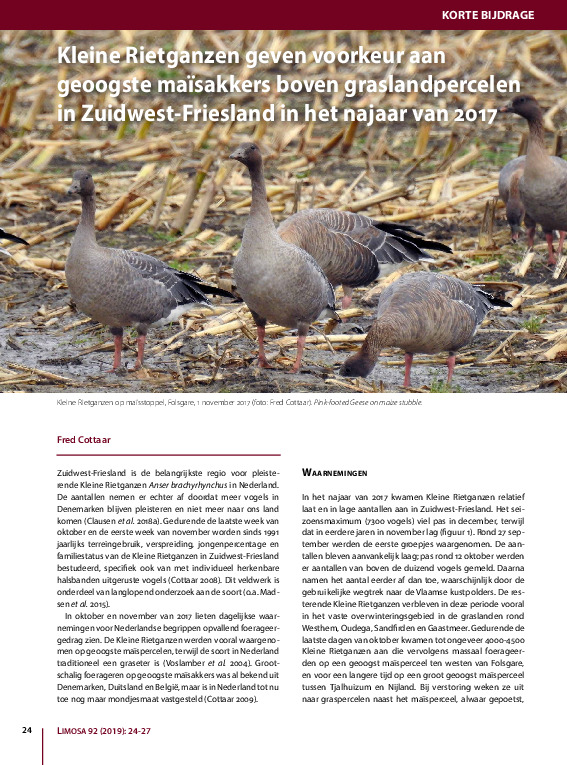 Omslag Kleine Rietganzen geven voorkeur aan geoogste maisakkers boven graslandpercelen in Zuidwest-Friesland in najaar 2017