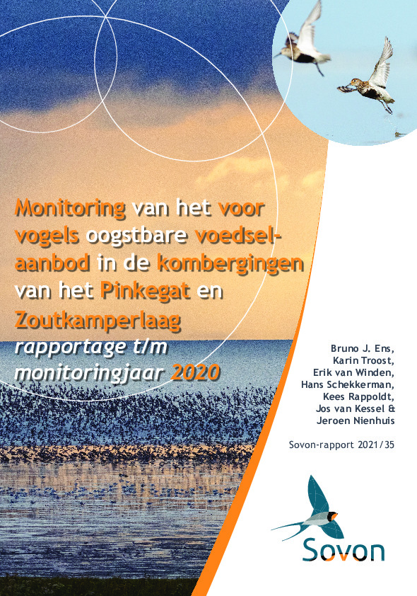 Omslag Monitoring van het voor vogels oogstbare voedselaanbod in de kombergingen van het Pinkegat en Zoutkamperlaag. Rapportage t/m monitoringjaar 2020
