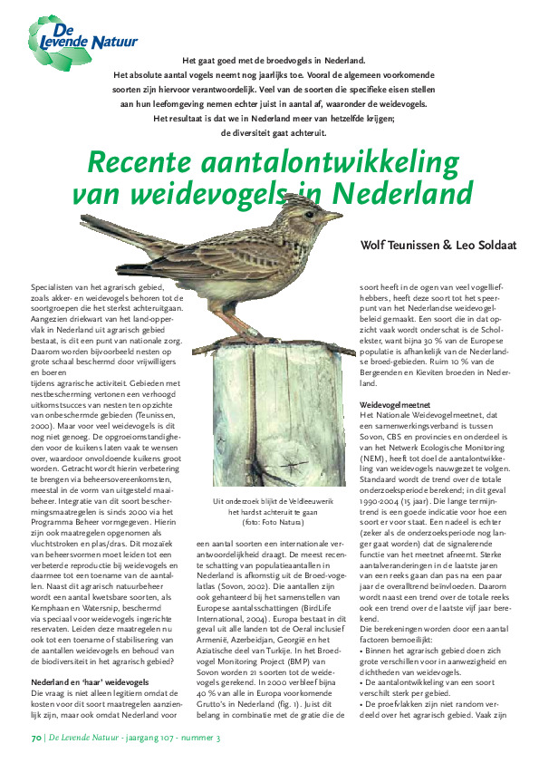 Omslag Recente aantalsontwikkeling van weidevogels in Nederland