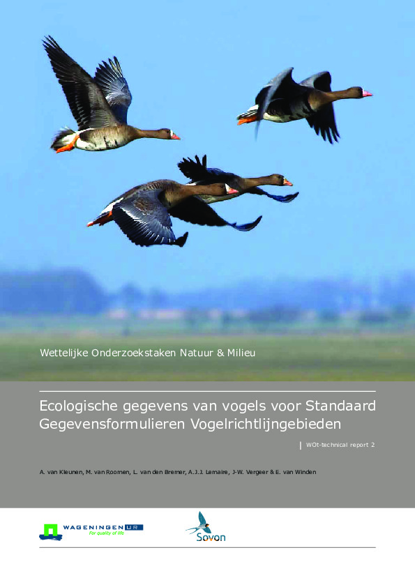 Omslag Ecologische gegevens van vogels voor Standaard Gegevensformulieren Vogelrichtlijngebieden