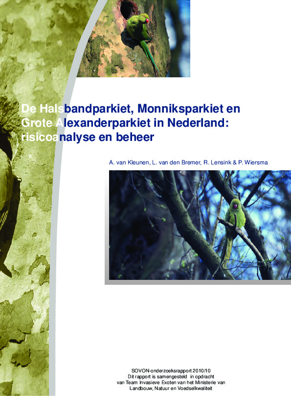 Omslag De Halsbandparkiet, Monniksparkiet en Grote Alexanderparkiet in Nederland: risicoanalyse en beheer
