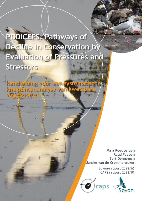 Omslag PODICEPS: Pathways of Decline in Conservation by Evaluation of Pressures and Stressors. Handleiding voor een systematische knelpuntenanalyse van kwetsbare vogelsoorten met behulp van stroomschema’s