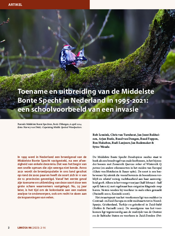 Omslag Toename en uitbreiding van de Middelste  Bonte Specht in Nederland in 1995-2021:  een schoolvoorbeeld van een invasie