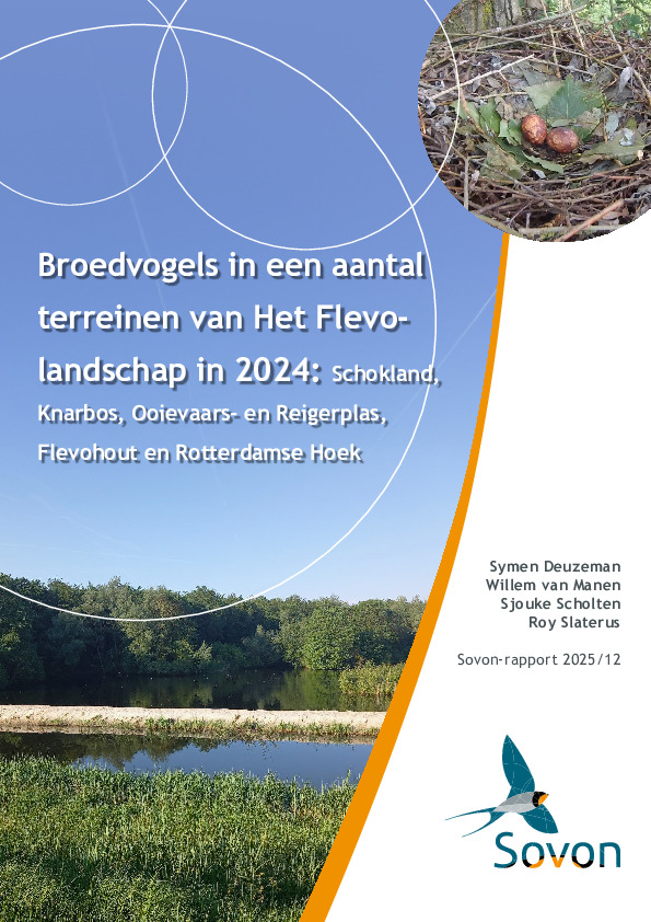 Omslag Broedvogels in een aantal terreinen van Het Flevo-landschap in 2024: Schokland, Knarbos, Ooievaars- en Reigerplas, Flevohout en Rotterdamse Hoek