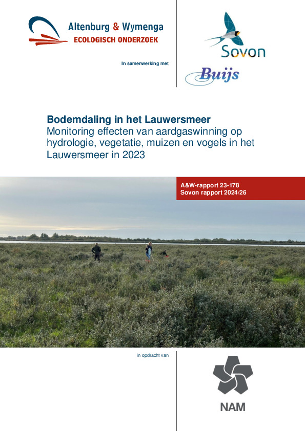 Omslag Monitoring effecten van aardgaswinning op  hydrologie, vegetatie, muizen en vogels in het  Lauwersmeer in 2023