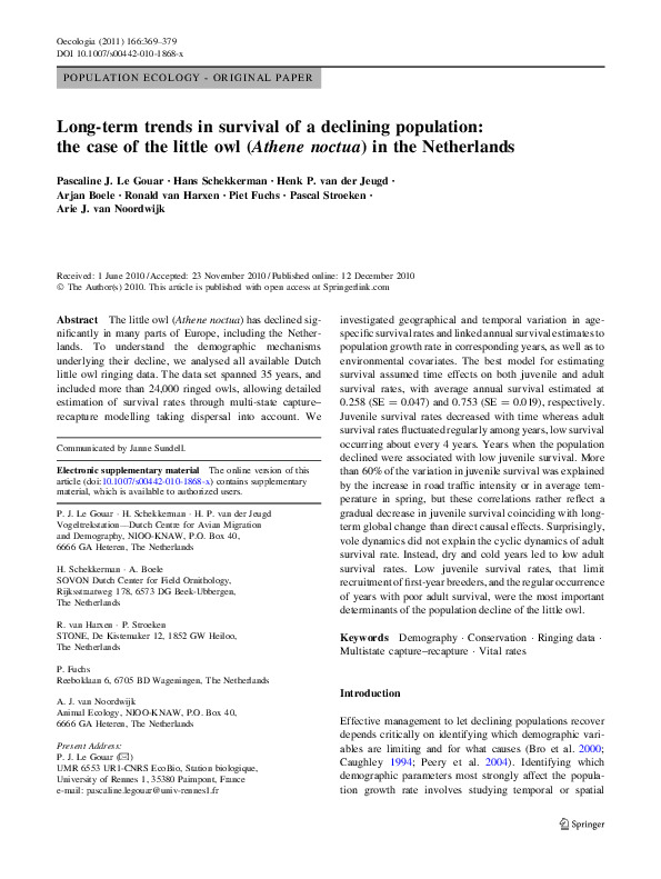 Omslag Long-term trends in survival of a declining population: the case of the little owl (Athene noctua) in the Netherlands