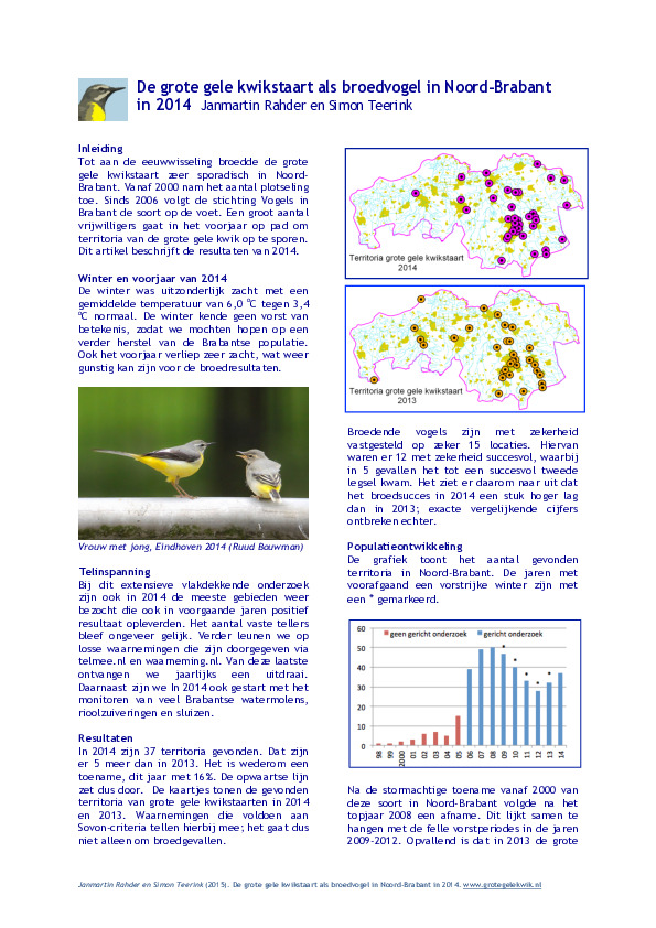 Omslag De Grote Gele Kwikstaart als broedvogel in Noord-Brabant in 2014.