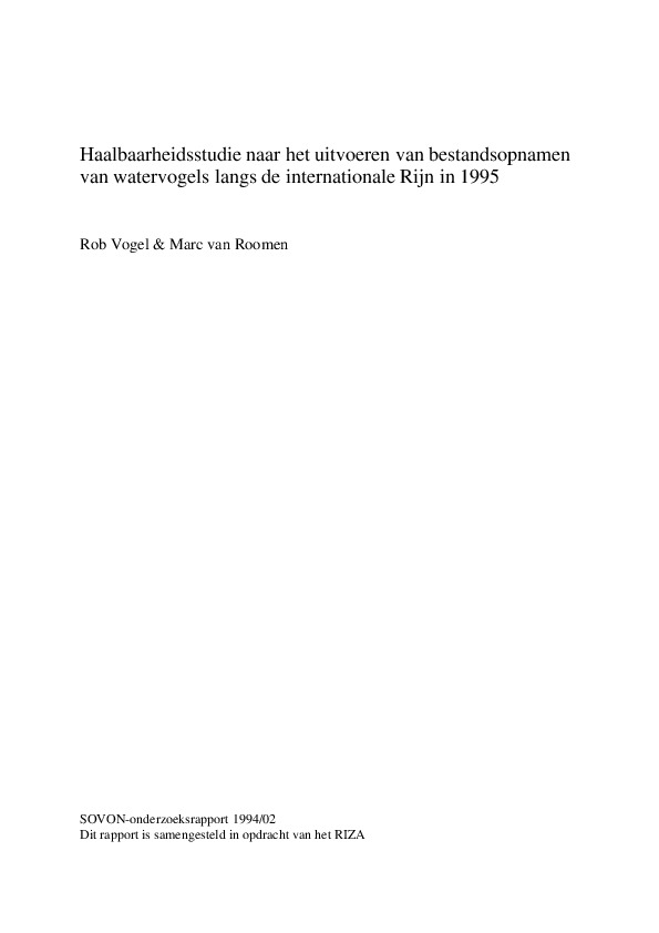 Omslag Haalbaarheidsstudie naar het uitvoeren van bestandsopnamen van watervogels langs de internationale Rijn in 1995. 