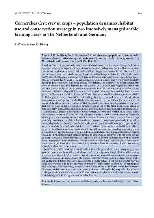 Omslag Corncrakes Crex crex in crops – population dynamics, habitat use and conservation strategy in two intensively managed arable farming areas in The Netherlands and Germany