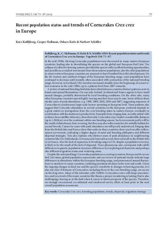Omslag Recent population status and trends of Corncrakes Crex crex